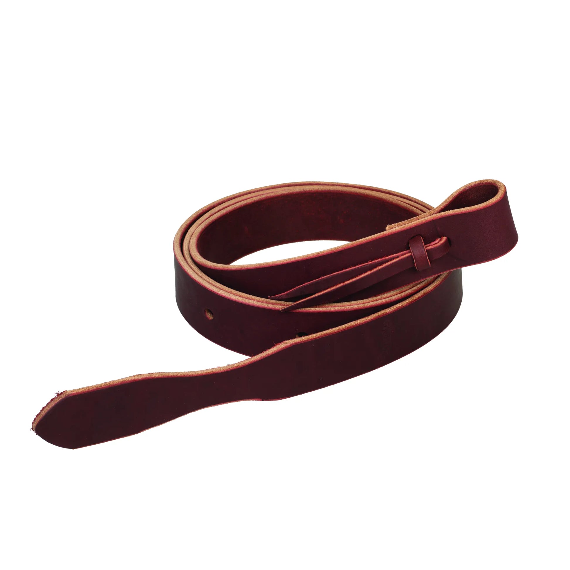 Weaver Leather Burgundy Cinch Strap, 1 3/4" x 72", crafted from premium burgundy latigo leather for durability and style. This essential western horse tack features a loop end with a secure tie and pre-punched holes for easy saddle adjustment. Ideal for horse owners seeking reliable, high-quality leather saddle accessories with a professional finish.