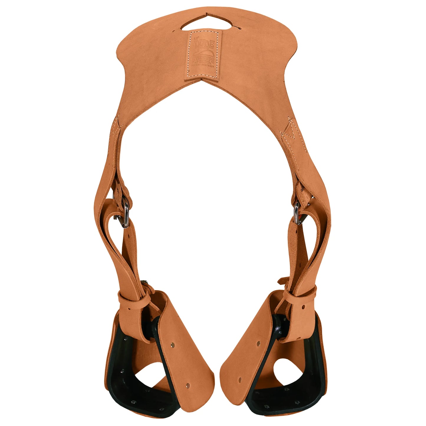 Weaver Leather Lil' Dude Stirrup in tan leather, designed to fit over a saddle horn for young riders. This kids' horse riding accessory features adjustable leather straps and black stirrups with leather hoods for safety and comfort. A durable equestrian gear solution for helping children reach the stirrups on a standard adult saddle. Ideal for western riding and youth training.