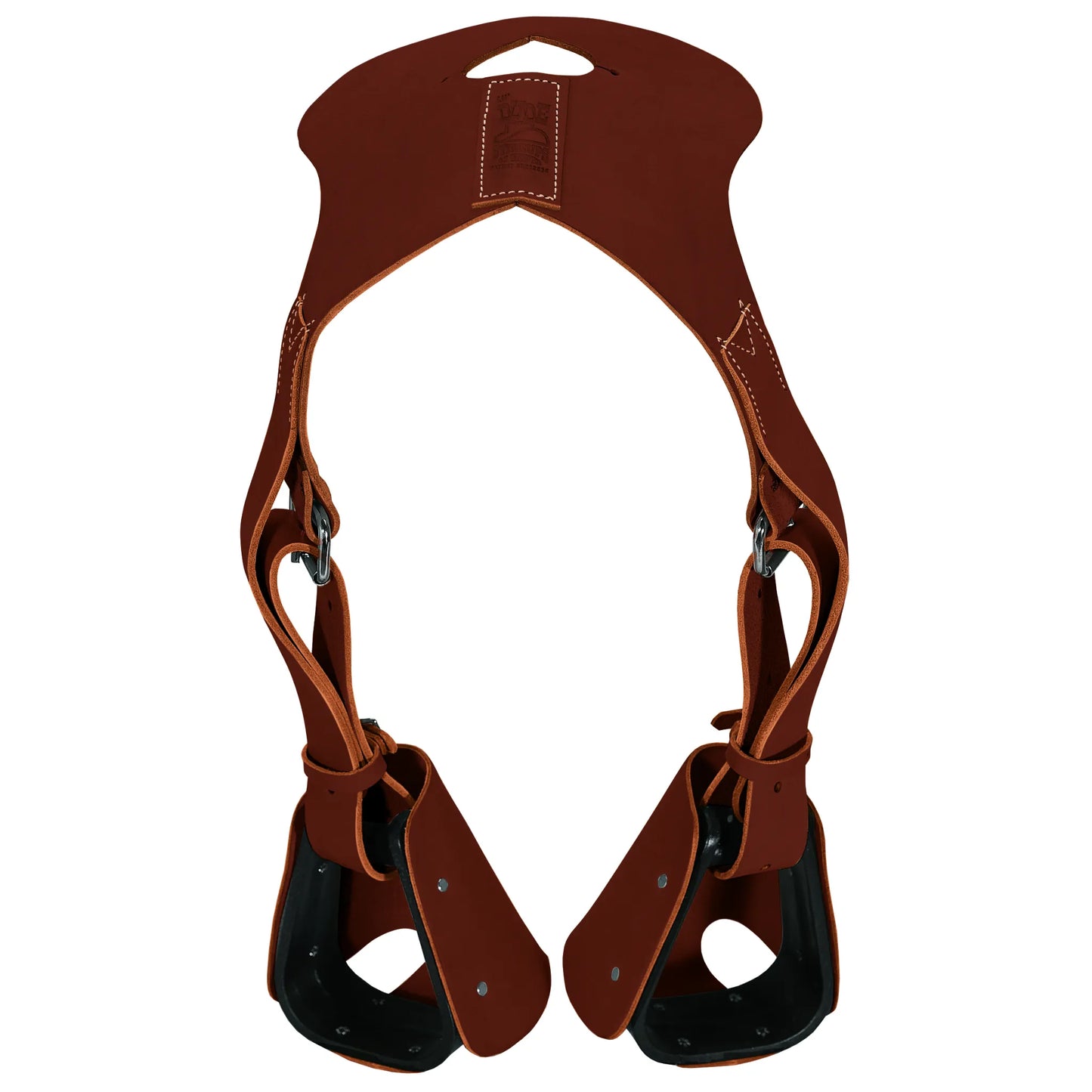 Weaver Leather Lil' Dude Stirrup in rich brown leather. This child-size Western stirrup set features a leather yoke designed to fit over a saddle horn, allowing young riders to safely use an adult saddle. Includes adjustable leather straps and hooded tapaderos for added safety and style. High-quality equestrian gear for kids, perfect for trail riding and horse training.