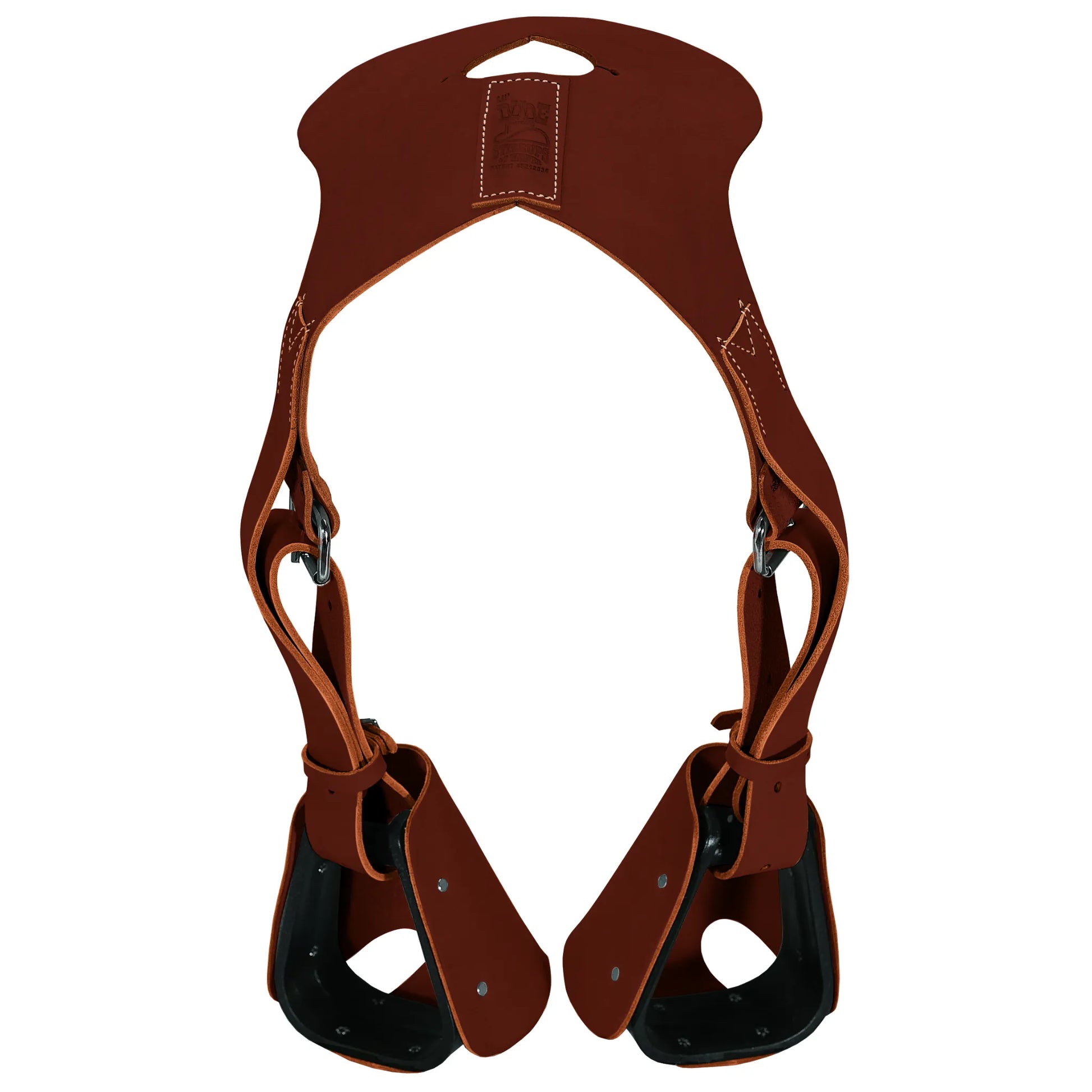 Weaver Leather Lil' Dude Stirrup in rich brown leather. This child-size Western stirrup set features a leather yoke designed to fit over a saddle horn, allowing young riders to safely use an adult saddle. Includes adjustable leather straps and hooded tapaderos for added safety and style. High-quality equestrian gear for kids, perfect for trail riding and horse training.
