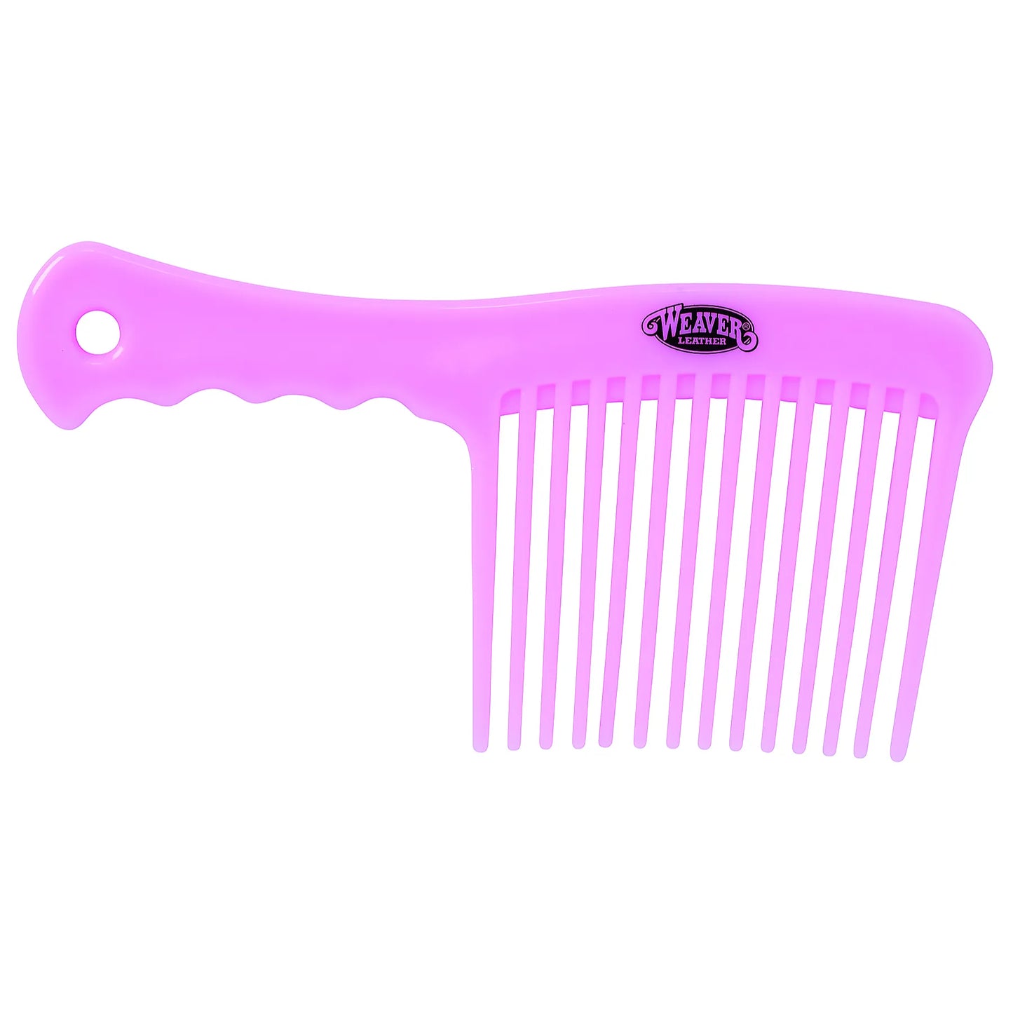 Bright pink Weaver Leather Mane and Tail Comb for effective horse grooming and detangling. This durable wide-tooth plastic brush features an ergonomic handle with comfortable finger grips and a hole for easy hanging. A must-have equine grooming tool for smoothing manes and tails, providing a professional finish for shows or daily barn care.