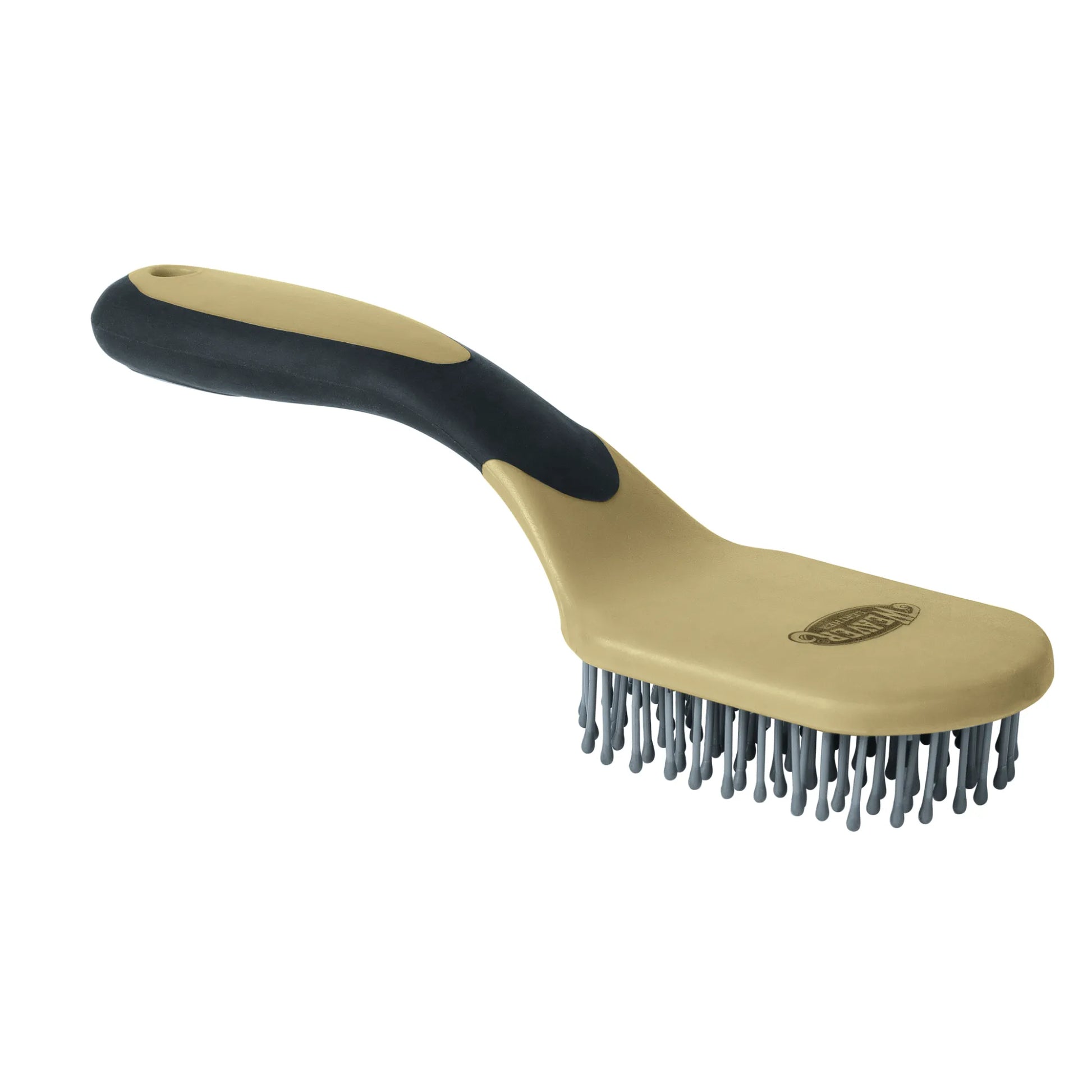Weaver Leather Mane & Tail Brush with an ergonomic black rubberized handle and tan body. This essential horse grooming tool features large, grey ball-tipped bristles designed to gently detangle thick manes and tails while preventing hair breakage. A durable, professional-grade equestrian accessory perfect for achieving a smooth, polished finish for your horse.
