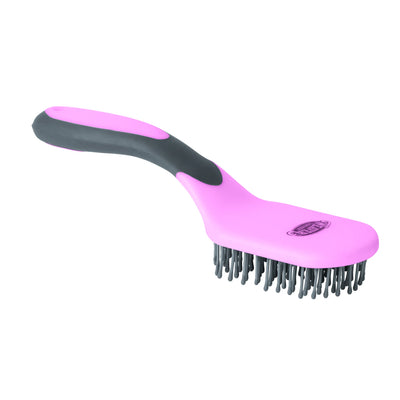 Weaver Leather Mane & Tail Brush in pink and charcoal gray. This essential horse grooming tool features a comfortable, ergonomic handle and gentle, ball-tipped plastic bristles designed to detangle manes and tails without breakage. A stylish and functional addition to any equine grooming kit, perfect for maintaining a smooth, healthy coat for your horse.