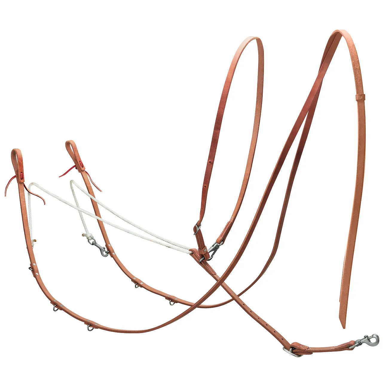 Weaver Leather Premium German Harness Leather Training Martingale featuring rich russet-colored leather and durable white sliding ropes. This high-quality equestrian training gear includes adjustable straps, stainless steel snaps, and multiple D-rings for precise control and versatility. Ideal for horse trainers looking for professional-grade tack that combines classic style with functional design.