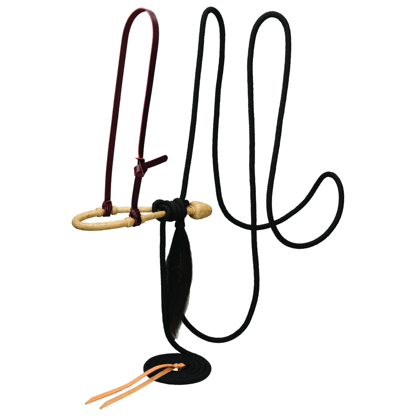Weaver Leather Complete Mecate Set featuring a natural rawhide bosal, a burgundy leather hanger, and premium black rope mecate reins. Perfect for traditional western horse training and natural horsemanship, this bitless bridle setup includes a horsehair tassel and leather popper at the lead end. Professional-grade equestrian tack designed for durability and style in the show ring or on the trail.