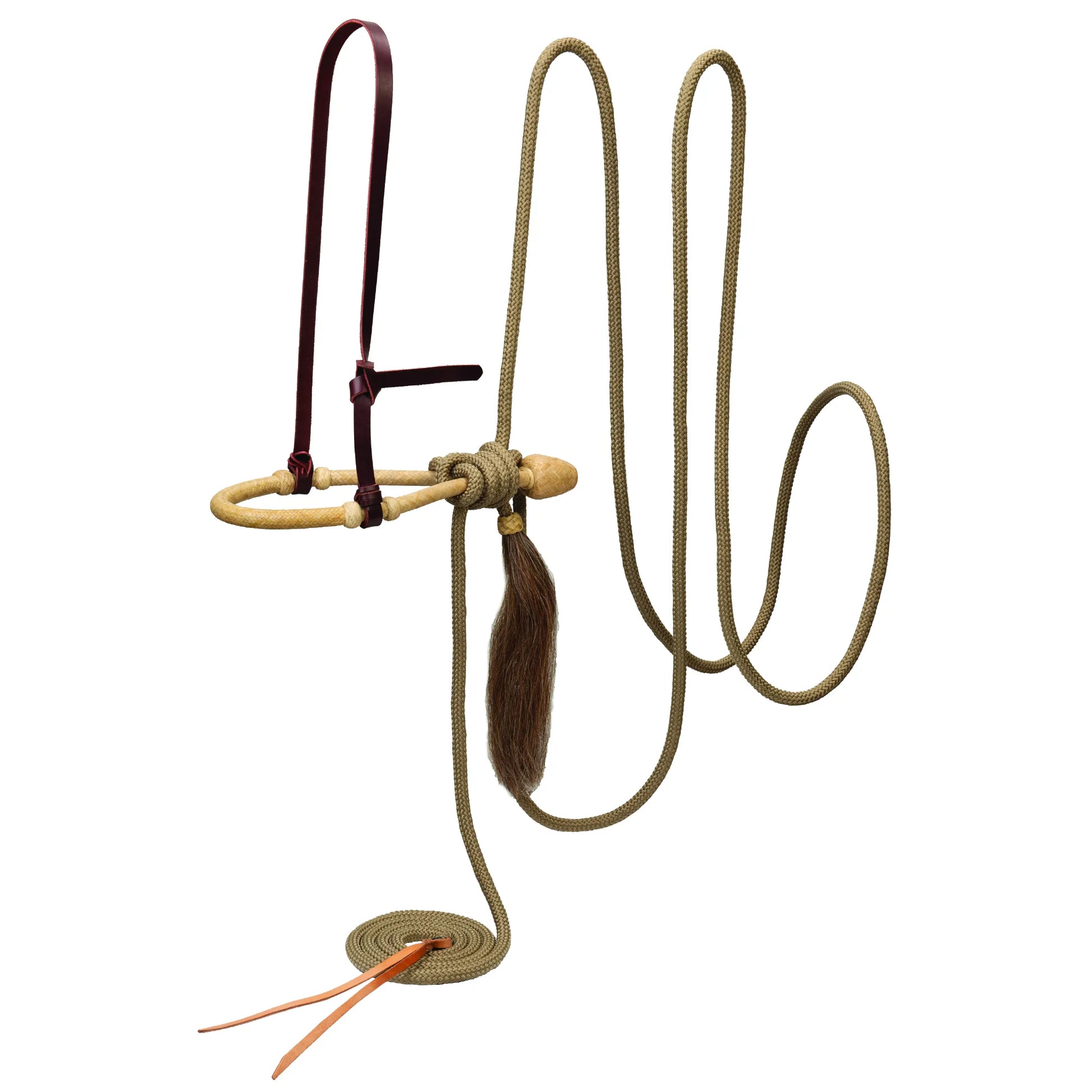Weaver Leather Mecate Complete Hackamore Set with tan braided rope reins, a rawhide bosal, and a dark burgundy leather headstall. This professional Western tack includes a traditional horsehair tassel and a leather popper at the lead end. Ideal for natural horsemanship and horse training, this durable setup offers a classic look and functional control for riders seeking high-quality equestrian gear.