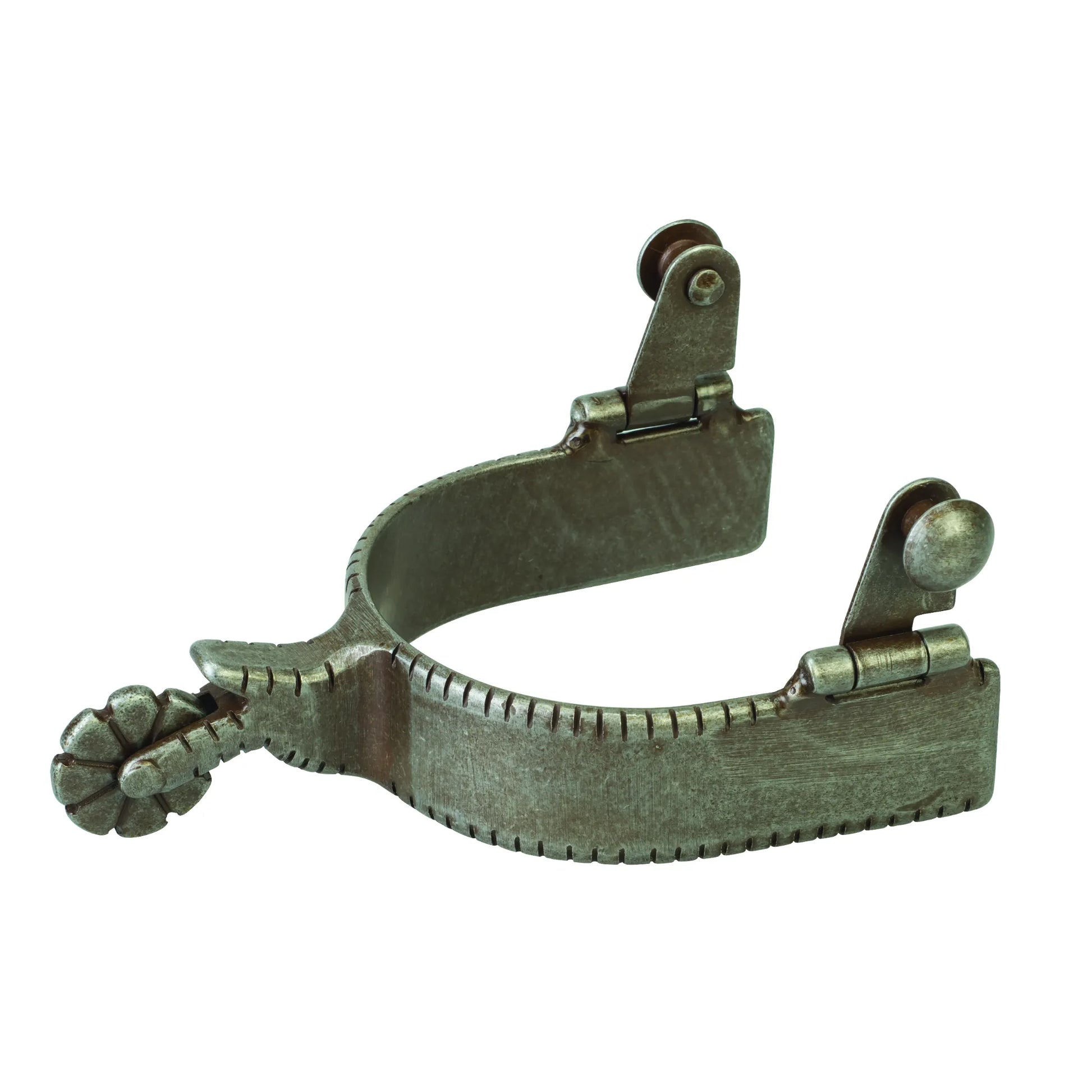 Weaver Leather Men's Buffed Brown Spurs with a balanced design for western riding. This high-quality horse tack features an antique-style buffed brown finish, decorative notched edges, and a 10-point flower-shaped rowel. Includes hinged swing buttons for easy strap attachment to cowboy boots. Perfect for equestrians seeking durable, professional-grade riding equipment with a classic rustic look.