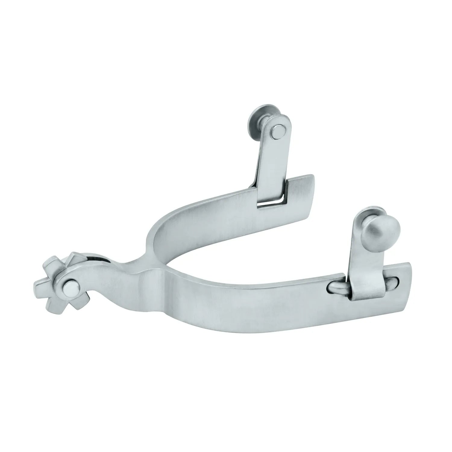 Weaver Leather Men's Plain Spurs crafted from durable brushed stainless steel. These high-quality western horse riding spurs feature a 6-point blunt rowel and secure upright buttons for easy strap attachment. A classic, reliable choice for equestrian training and performance, offering a sleek, professional look for any rider.