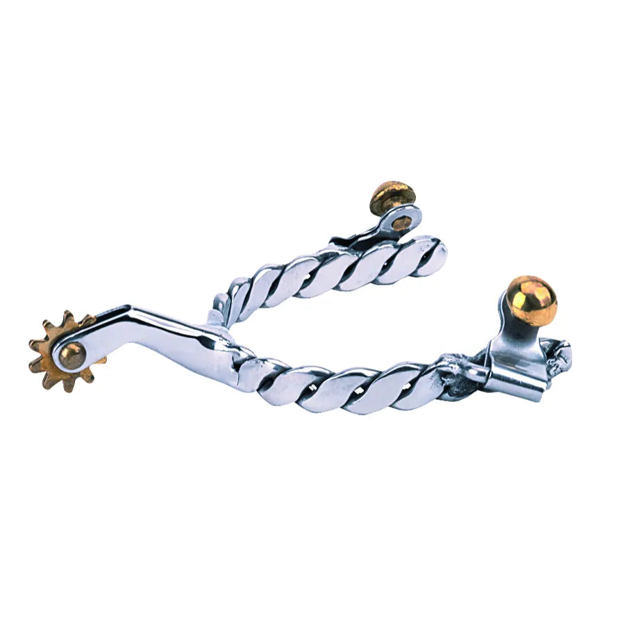 Weaver Leather Men's Roping Spur featuring a stylish twisted wire band and a 1.75-inch shank. Crafted with a polished silver-tone finish, this western spur includes a 10-point brass star rowel and brass buttons for a high-contrast aesthetic. Ideal for roping and equestrian performance, these durable cowboy spurs combine professional functionality with classic western style.