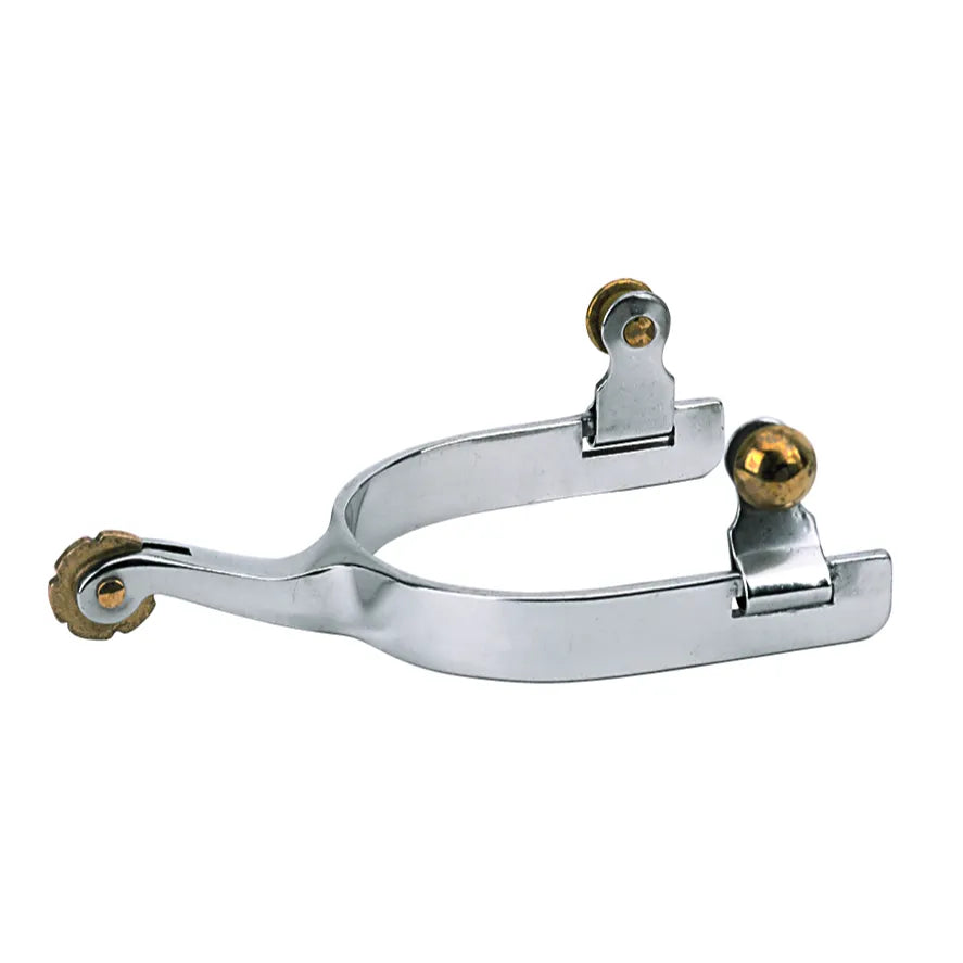 Weaver Leather Men's Roping Spurs featuring a high-polish chrome finish and contrasting brass accents. These durable western spurs include a 1.75-inch shank and a classic rosebud rowel for precise communication. Designed with hinged brass buttons for secure strap attachment, this sleek equestrian gear is perfect for roping and western performance events. High-quality craftsmanship for the style-conscious cowboy.