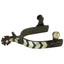 Weaver Leather Men's Show Spurs featuring a 1.25-inch band with a dark antique finish. The design highlights striking German silver chevron trim with intricate hand-etched patterns and a decorative floral concho button. These western riding spurs include a blunt-point rowel for gentle horse communication. High-quality equestrian tack perfect for the show ring, western pleasure, or ranch riding.