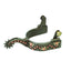 Weaver Leather men's western spur featuring an antique steel finish accented with German silver floral trim and polished copper dots along the band and curved shank. This high-quality equestrian accessory includes a 10-point star rowel and classic hinged buttons for secure strap attachment. A stylish piece of cowboy gear perfect for western riding, ranch work, or showing.