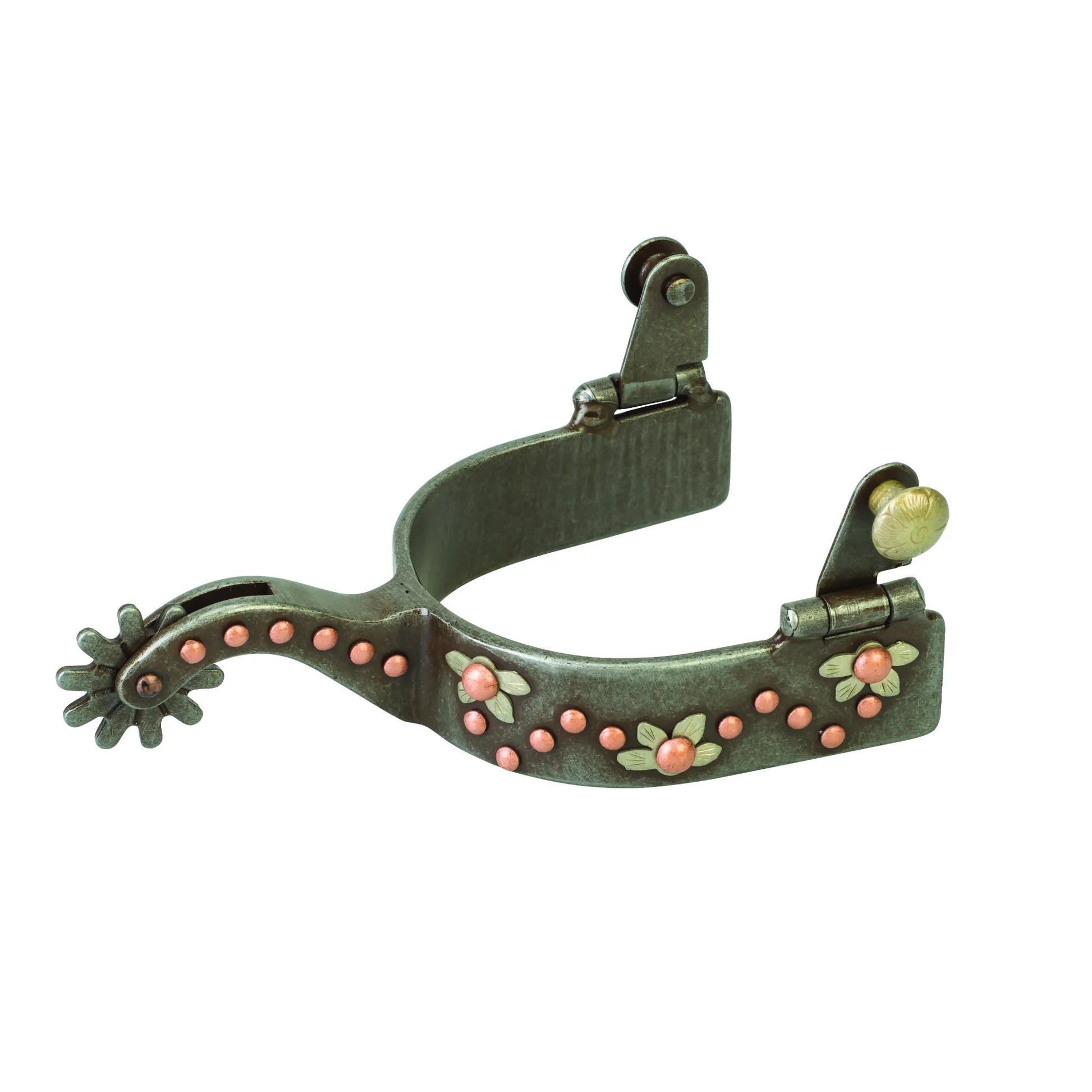 Weaver Leather men's western spur featuring an antique steel finish accented with German silver floral trim and polished copper dots along the band and curved shank. This high-quality equestrian accessory includes a 10-point star rowel and classic hinged buttons for secure strap attachment. A stylish piece of cowboy gear perfect for western riding, ranch work, or showing.