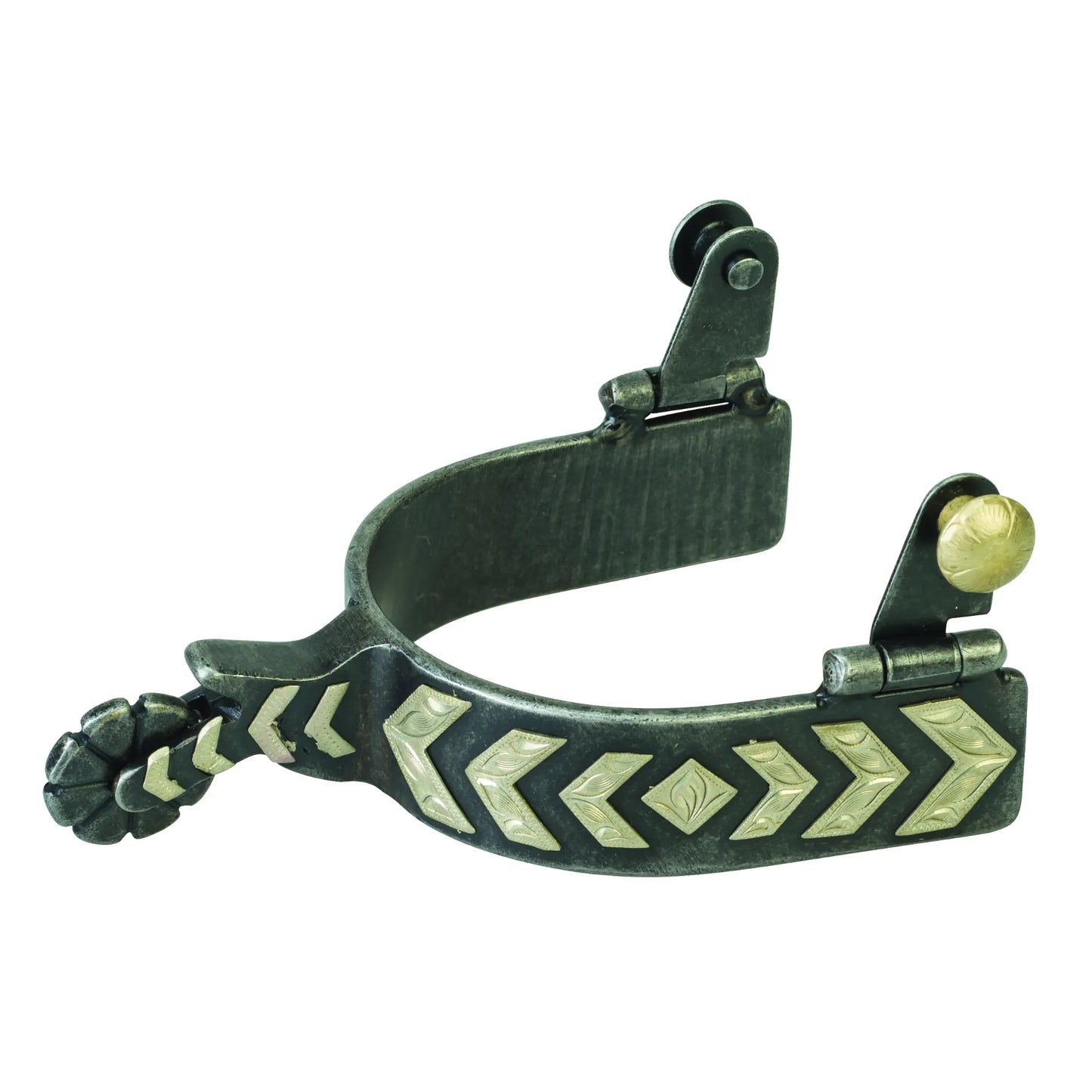 Weaver Leather Men's Western Spurs crafted from raw steel with a rugged antique finish. These classic cowboy spurs feature intricate German silver chevron trim and a central diamond overlay along the band. Equipped with a small scalloped flower rowel and hinged swing buttons for secure strap attachment, this equestrian gear combines vintage style with durable performance. Perfect for Western riding, horse shows, or ranch work.