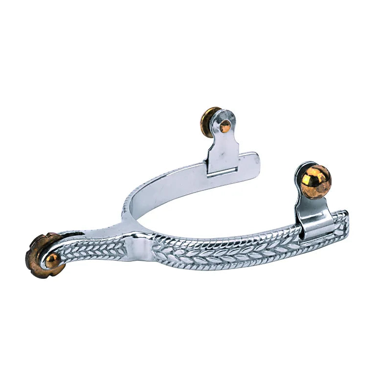Weaver Leather Men's Stainless Steel Roping Spurs featuring a classic engraved leaf pattern on the band. These western spurs include a 2-inch shank and a copper-toned rosebud rowel for effective cues. Polished stainless steel construction with matching brass button attachments offers durability and style for the serious rider. Ideal for roping, horse shows, or ranch work.