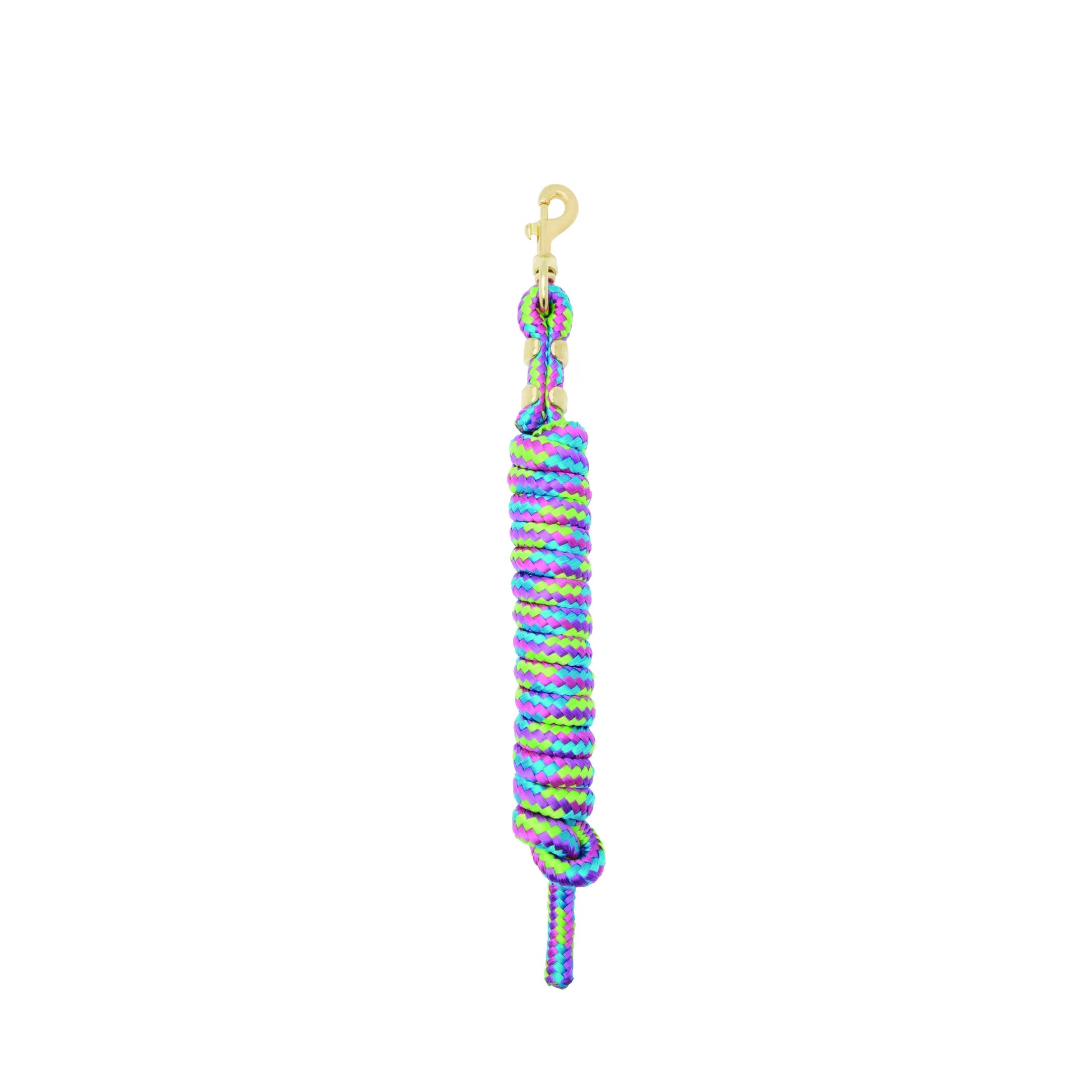 Weaver Leather Mini Pony Poly Lead Rope featuring a vibrant neon purple, lime green, and bright blue multi-color pattern. This 7-foot soft-grip horse lead rope includes a durable brass-plated bolt snap for easy attachment. Ideal for pony owners and equestrian enthusiasts looking for high-quality, colorful tack and grooming equipment.