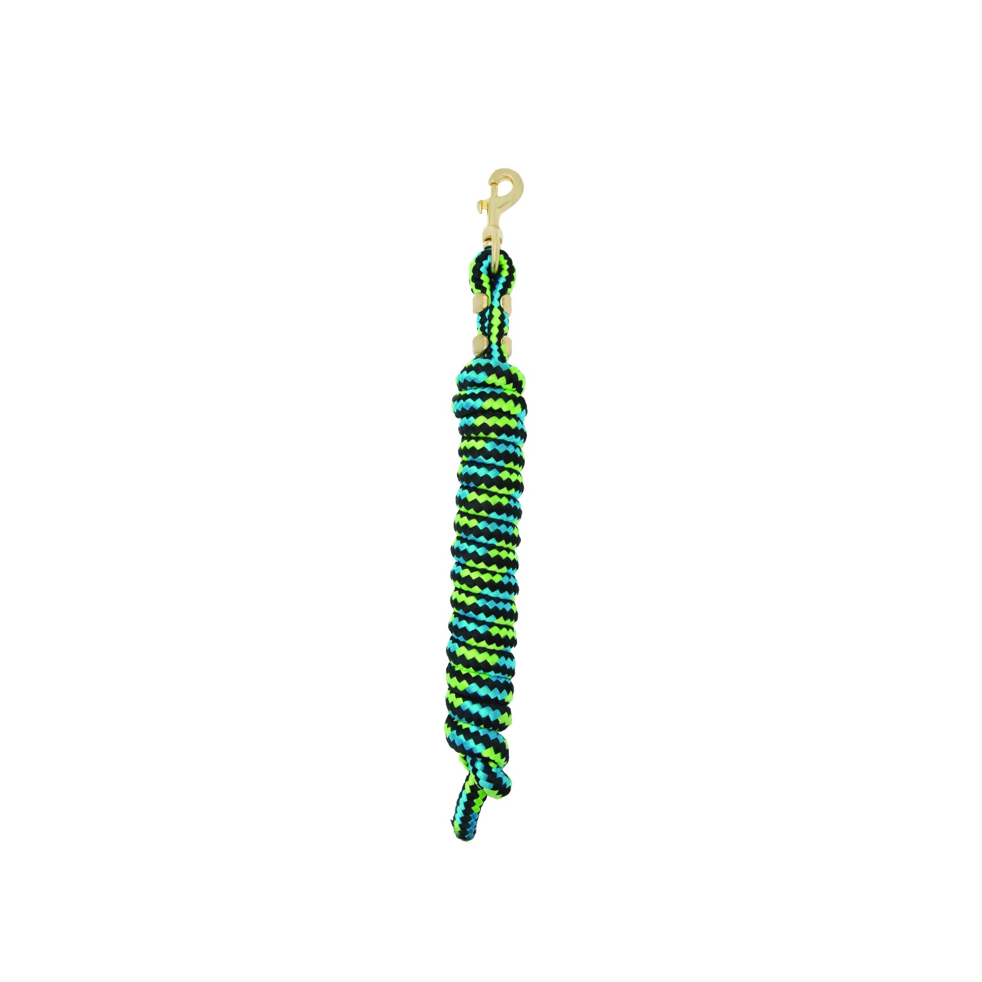 Weaver Leather Mini Pony Poly Lead Rope in a vibrant neon green, turquoise, and black braided pattern. This 7-foot soft-grip equestrian lead features a durable brass snap for secure attachment. Ideal for miniature horses and ponies, this high-quality poly rope combines style and comfort for horse owners, making it a perfect addition to your horse tack and barn supplies.