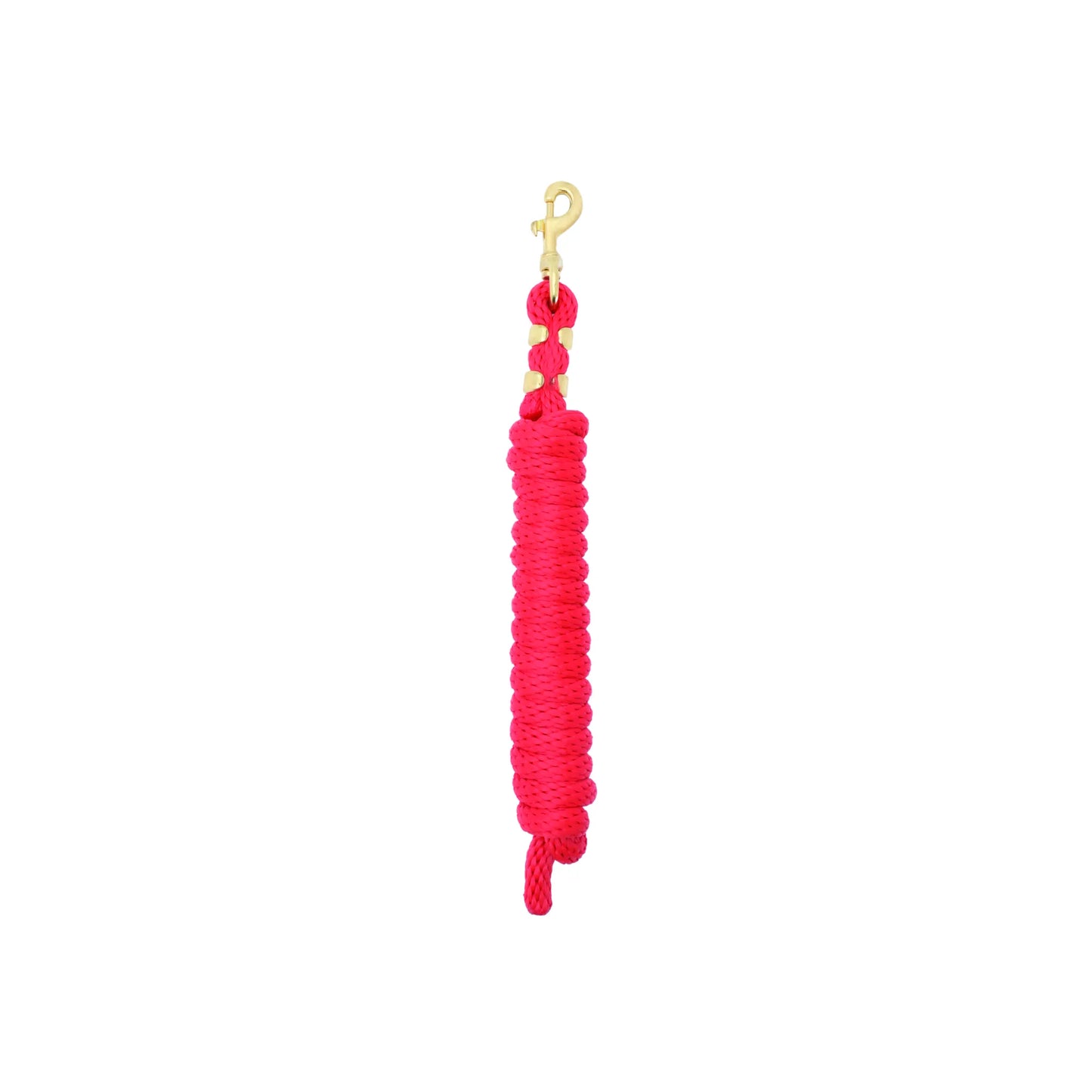 Bright neon pink Weaver Leather Mini Pony Poly Lead Rope, 7 feet long, featuring a soft-braided texture for a comfortable grip. This durable equestrian lead rope includes a high-quality brass bolt snap and is specifically sized for miniature horses and ponies. The vibrant hot pink color and solid brass hardware make it a stylish and functional addition to any horse tack collection.