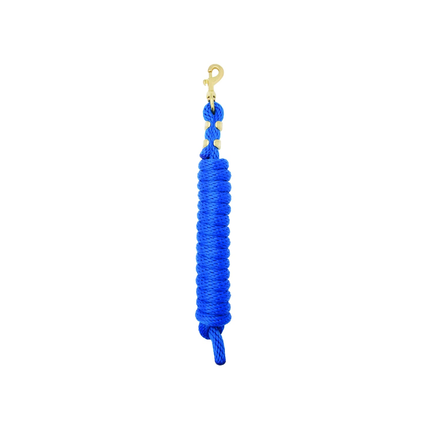 Weaver Leather Mini Pony Poly Lead Rope in royal blue, featuring a 7-foot length and soft-grip braided texture. This durable equestrian lead includes a sturdy gold brass bolt snap for secure attachment. Perfect for miniature horses and small livestock, this vibrant lead rope combines function and style for horse shows or daily barn use.