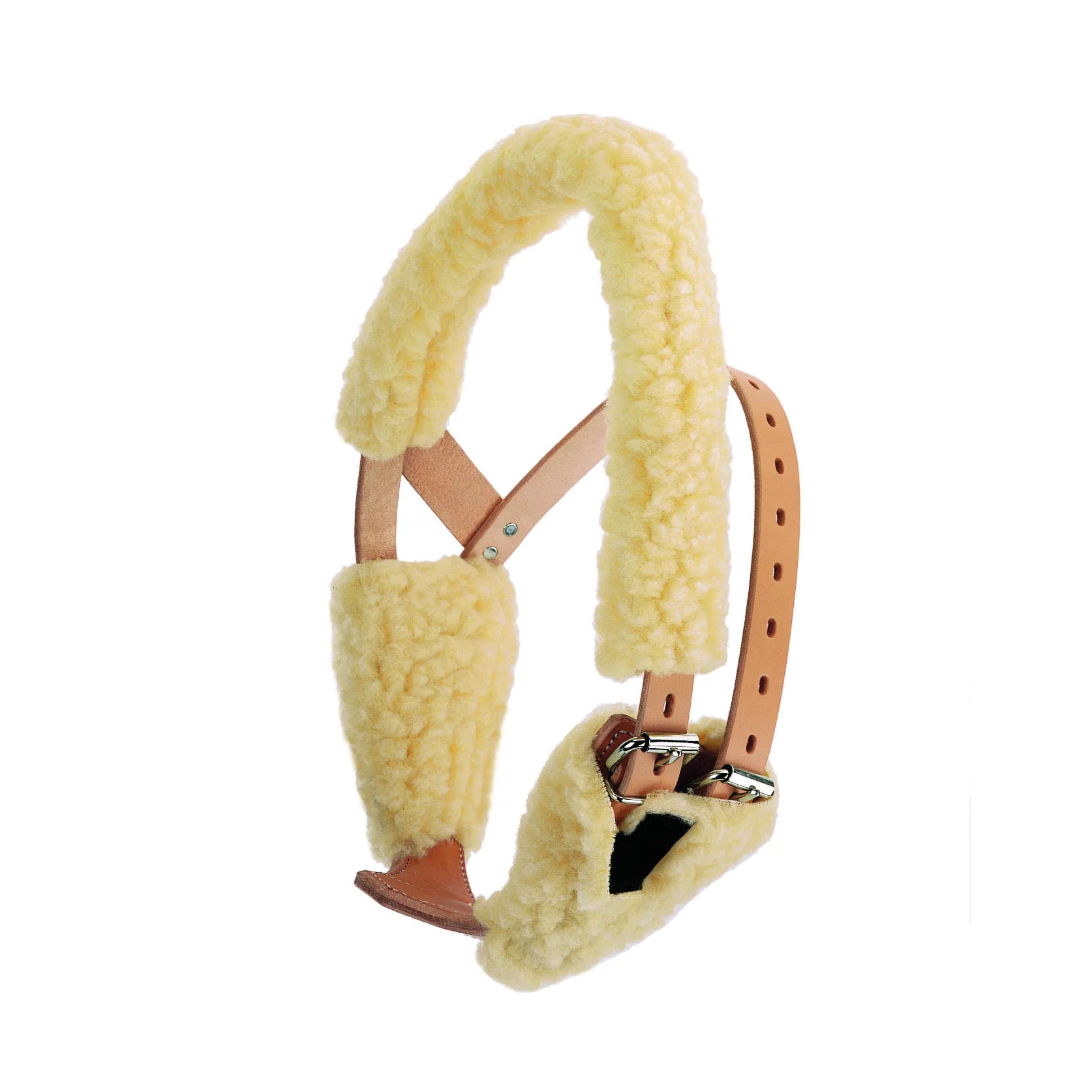 Luxurious maize fleece comfort covers designed for the Weaver Leather Miracle Collar. These soft, synthetic sheepskin pads protect horses from rubbing and irritation caused by anti-cribbing collars. The set includes cream-colored fleece sleeves wrapped around adjustable tan leather straps with sturdy metal buckles, ensuring a gentle, cushioned fit for equine comfort.