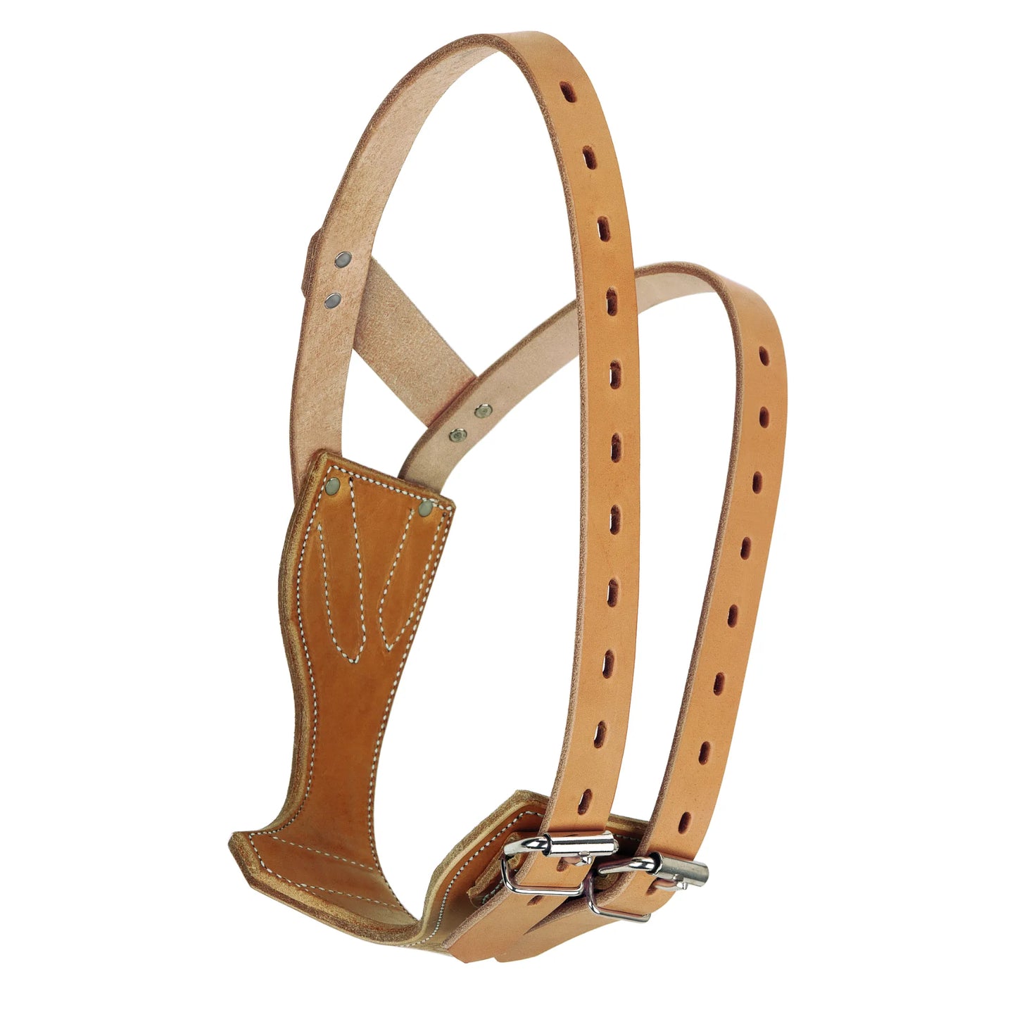 Weaver Leather Miracle Collar in natural tan leather, a humane and effective horse cribbing collar. Features a unique anatomical design with heavy-duty adjustable straps and durable silver-plated buckles with reinforced white stitching. High-quality equine tack designed to stop destructive cribbing behaviors while ensuring horse comfort. Perfect for stable management and horse health.