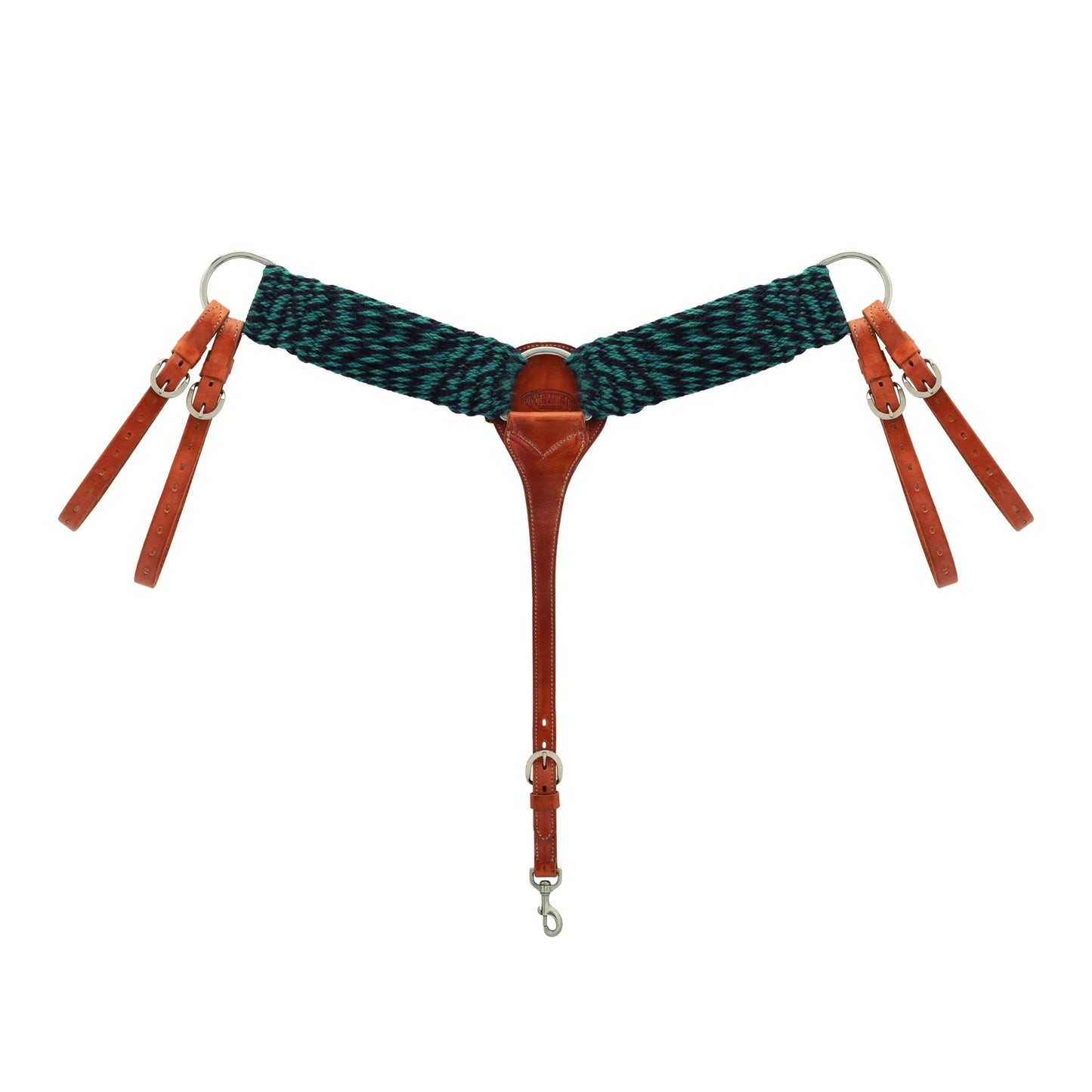 Weaver Leather Navy/Turquoise Mohair Breast Collar featuring hand-woven mohair in a striking zig-zag pattern. This durable western horse tack includes rich russet leather tug straps, a center strap with buckle adjustment, and a stainless steel snap hook. Ideal for adding classic style and comfort to your western saddle setup, whether for trail riding or ranch work.