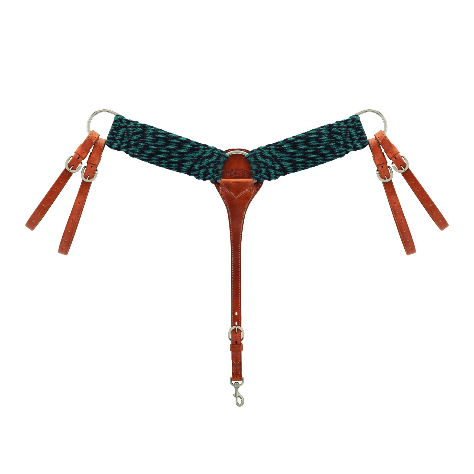 Weaver Leather Navy/Turquoise Mohair Breast Collar featuring hand-woven mohair in a striking zig-zag pattern. This durable western horse tack includes rich russet leather tug straps, a center strap with buckle adjustment, and a stainless steel snap hook. Ideal for adding classic style and comfort to your western saddle setup, whether for trail riding or ranch work.