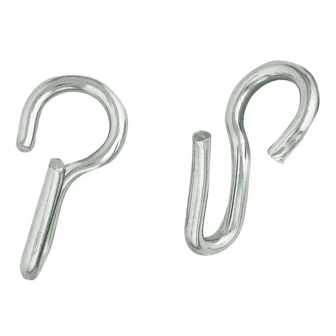 Pair of Weaver Leather nickel-plated curb chain hooks featuring a polished silver finish. These durable, S-shaped equestrian hardware pieces are designed for securely attaching curb chains to horse bits. Ideal for English and Western riding tack repairs or upgrades, these stylish hooks offer a reliable and professional look for any bridle setup.
