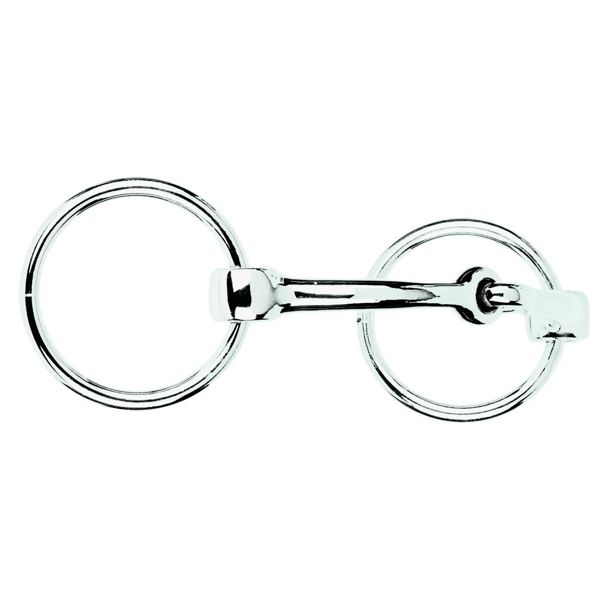 Weaver Leather Nickel Plated Snaffle Bit with a 5 1/4" jointed mouthpiece and 2 1/4" loose rings. This shiny silver horse bit is a classic piece of equestrian tack, perfect for training or everyday riding. Durable and polished, it’s a must-have for any horse owner's collection, suitable for both Western and English disciplines.