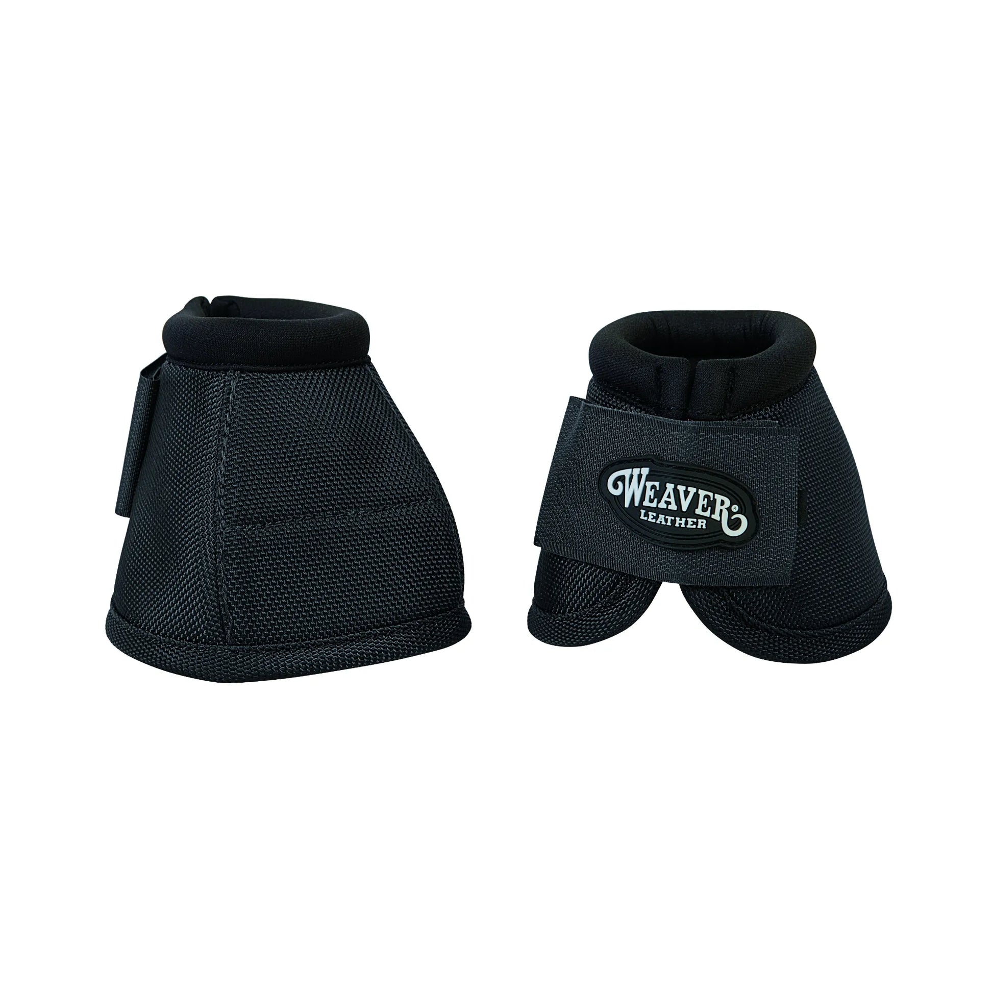Black Weaver Leather No-Turn Bell Boots crafted from durable 2520D ballistic nylon for ultimate horse hoof protection. These equestrian boots feature a soft neoprene collar to prevent rubbing and a secure hook-and-loop closure prominently displaying the Weaver Leather logo. Perfect for preventing overreach injuries during riding or turnout, these high-performance boots combine durability with comfort for your horse.