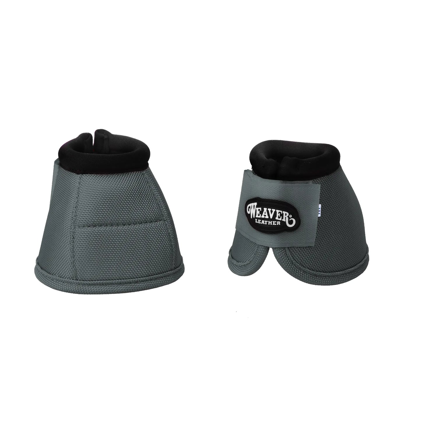 Charcoal gray Weaver Leather No-Turn Bell Boots featuring ultra-durable 2520D ballistic nylon construction. These high-performance horse boots include a padded black neoprene collar for comfort and a secure hook and loop closure with a branded logo. Designed for maximum hoof protection against overreaching and impact during training or turnout. A must-have for every equestrian's gear collection.