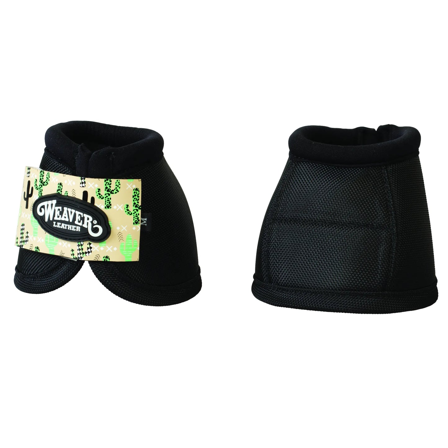 Weaver Leather No-Turn Bell Boots in black, crafted from heavy-duty 2520D ballistic nylon for superior hoof protection. These durable horse bell boots feature a soft rolled collar for comfort and a no-turn design to ensure they stay in place during performance. High-quality equestrian gear designed to prevent overreach injuries, shown from both front and rear angles.