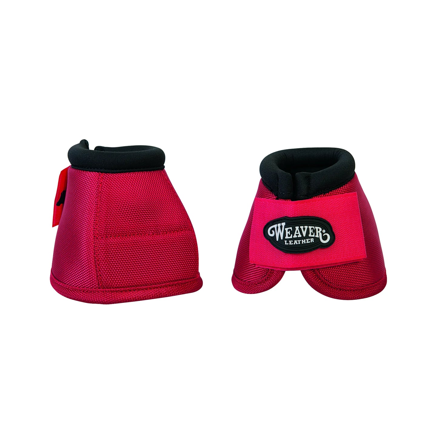 Pair of fuchsia pink Weaver Leather No-Turn Bell Boots crafted from heavy-duty 2520D ballistic nylon for ultimate horse hoof protection. These durable equestrian boots feature a padded black neoprene collar, secure hook-and-loop closures, and a classic brand logo. Ideal for preventing overreach injuries during training or turnout, providing both style and safety for your horse's performance gear collection.