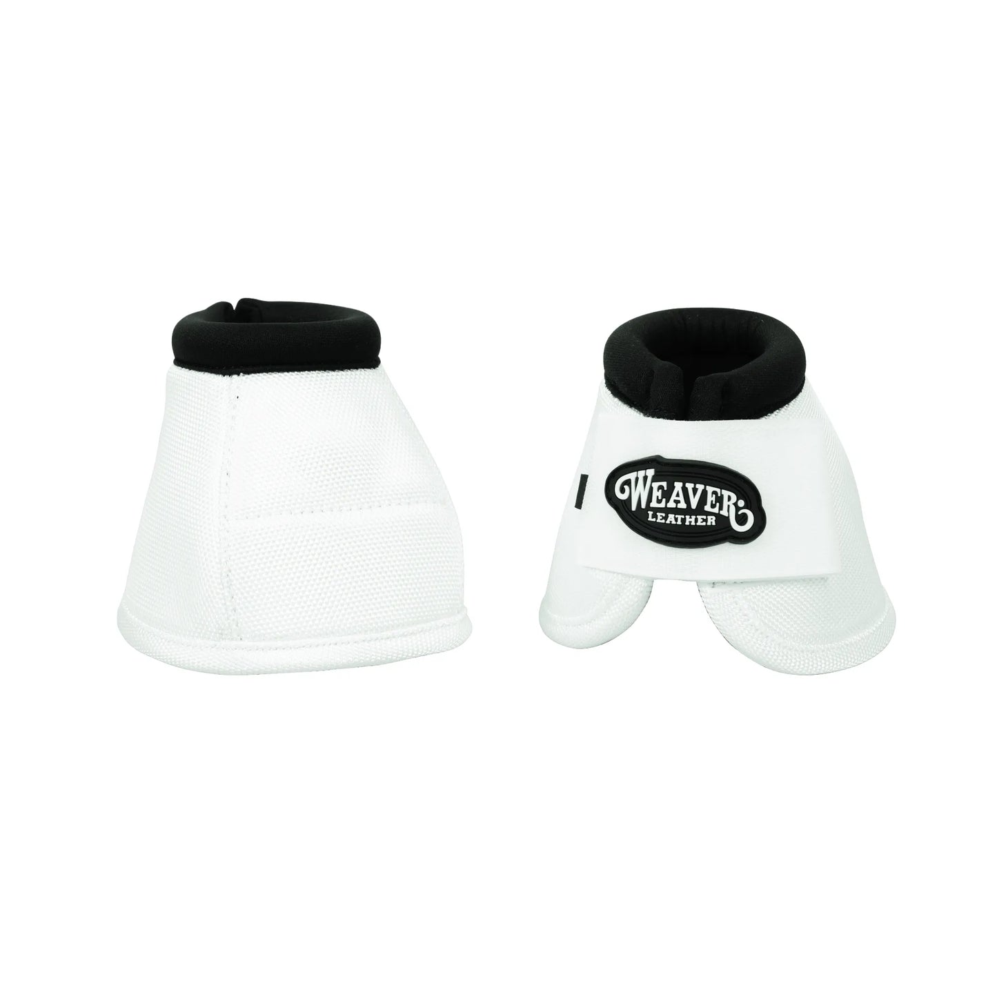 Weaver Leather No-Turn Bell Boots in crisp white, crafted from heavy-duty 2520D ballistic nylon for ultimate hoof protection. These professional equestrian horse boots feature a cushioned black rolled neoprene collar and a secure hook-and-loop closure with the iconic Weaver logo. Engineered with a no-turn bulb to prevent spinning, they offer durable defense against overreaching and impact. Perfect for horse owners seeking high-performance, stylish tack for training or turnout.