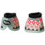 Weaver Leather No-Turn Bell Boots featuring a vibrant Southwestern pattern in pink, red, and black. These 2520D ballistic nylon horse boots provide heavy-duty overreach protection and a secure fit with a wide grey hook-and-loop closure strap. Designed with a black rolled neoprene top for comfort and grey reinforced bottom trim, these stylish and durable equine bell boots are perfect for riding, training, and competition to prevent overreaching.