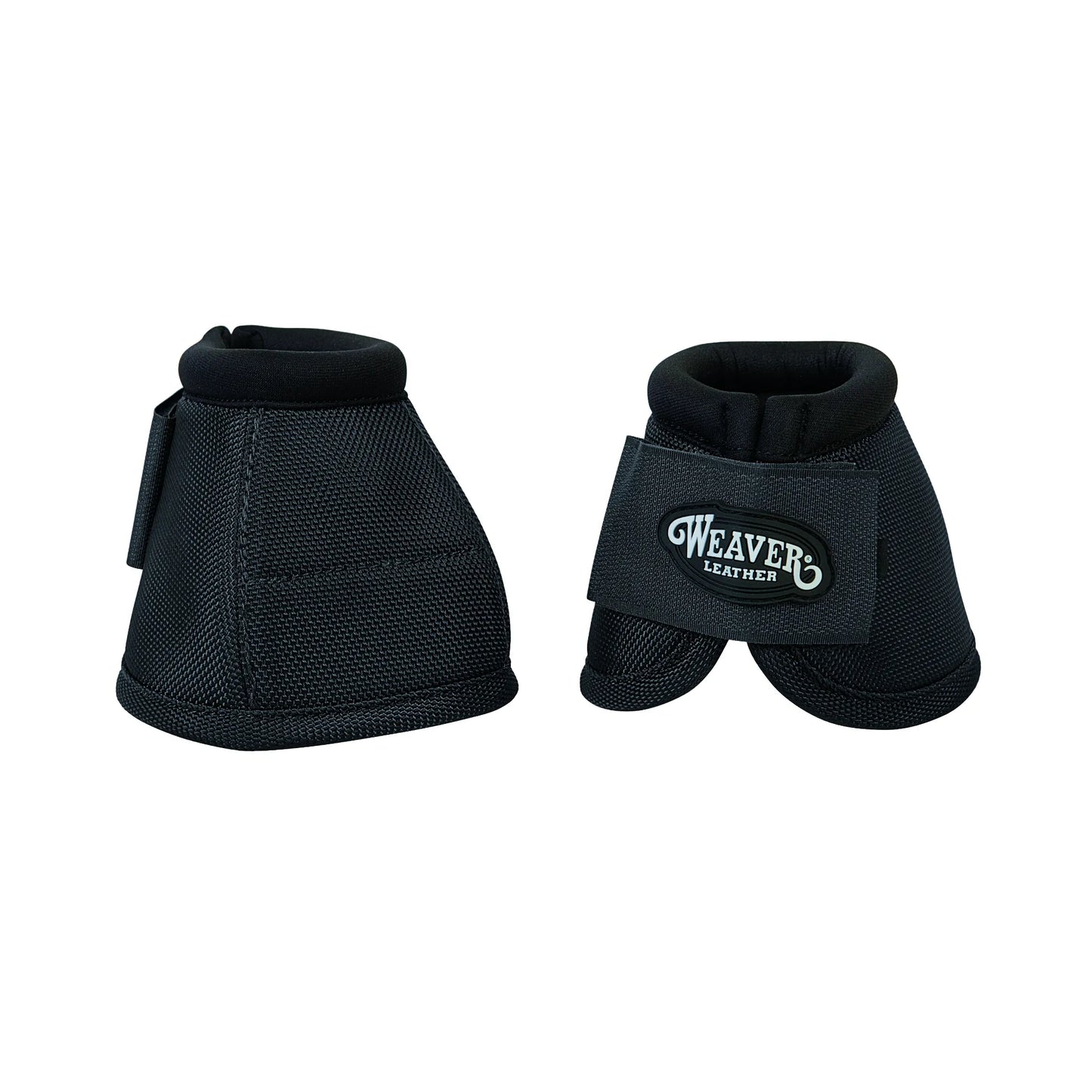 Weaver Leather No-Turn Bell Boots in black, crafted from durable 2520D ballistic nylon for superior hoof protection. This pair of equestrian boots features a secure hook-and-loop closure with the Weaver Leather logo and a soft padded collar to prevent chafing. Designed for heavy-duty performance, these horse boots protect against overreaching and impact during training, competition, or turnout.
