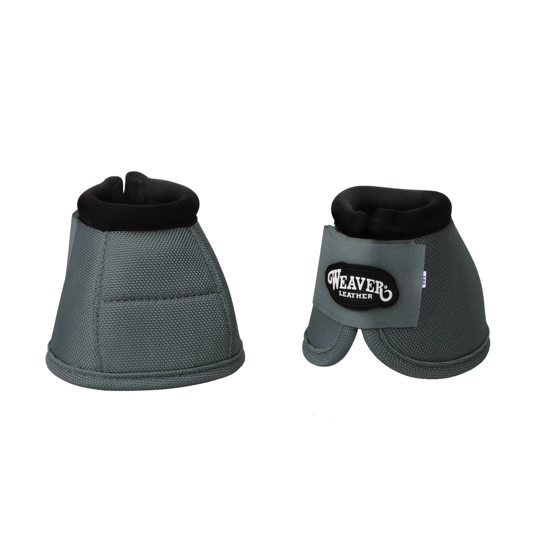 Charcoal grey Weaver Leather No-Turn Bell Boots crafted from durable 2520D ballistic nylon for ultimate hoof protection. These equestrian bell boots feature a padded black collar for comfort and a secure hook-and-loop closure with the Weaver logo. Designed to prevent overreach injuries, these professional-grade horse boots offer a no-turn fit, making them perfect for performance horses during training, competition, or turnout.