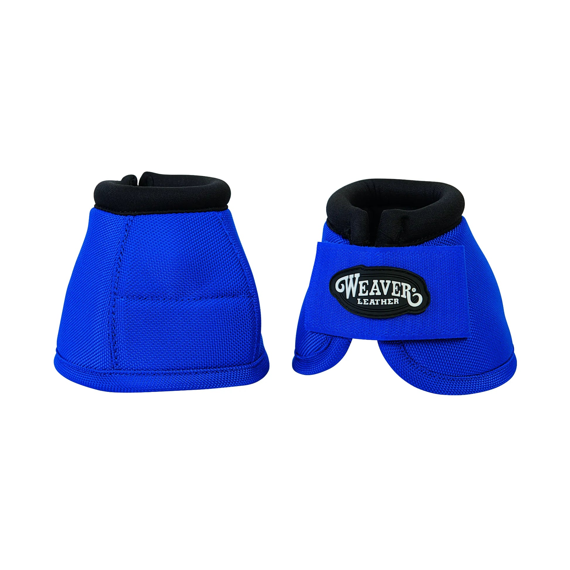 Weaver Leather No-Turn Bell Boots in royal blue 2520D ballistic nylon. These high-performance horse bell boots feature a secure hook-and-loop closure with the Weaver logo and a soft black padded collar for maximum comfort. Designed to prevent rotation, these durable boots provide essential hoof and heel protection during riding or turnout. Essential royal blue equestrian gear for professional hoof care and style.