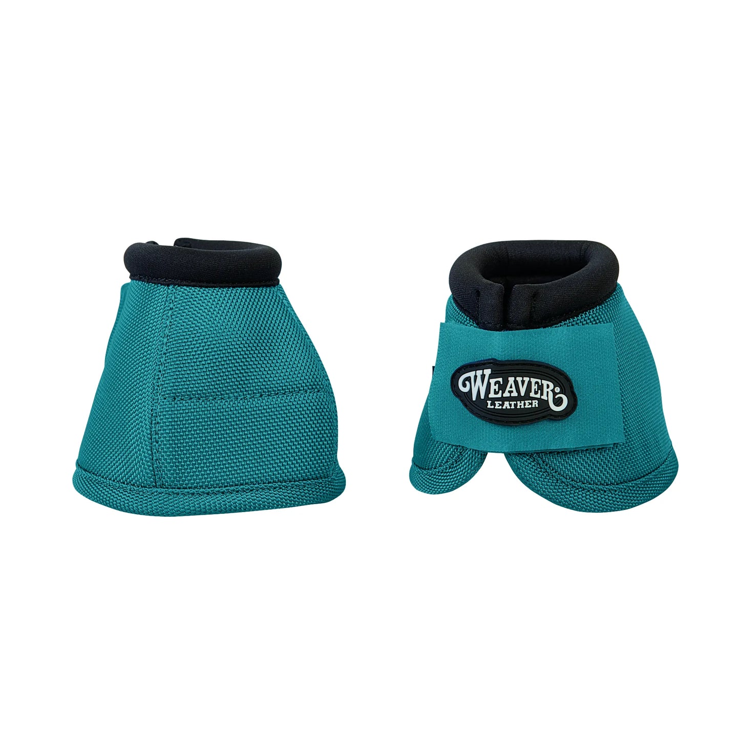 Weaver Leather No-Turn Bell Boots in teal, constructed from heavy-duty 2520D ballistic nylon for ultimate horse hoof protection. These durable bell boots feature a soft black neoprene collar and a secure hook-and-loop closure with the Weaver Leather logo. Designed to stay in place and prevent overreach injuries, they are essential equestrian gear for riding, training, and turnout.