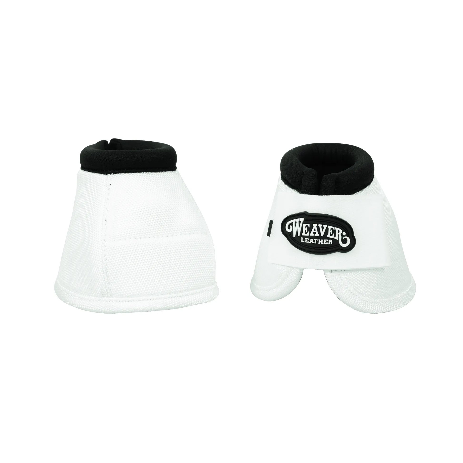 Weaver Leather No-Turn Bell Boots in white, crafted from durable 2520D ballistic nylon for superior horse hoof protection. Features a soft black neoprene top collar to prevent rubbing and a secure hook-and-loop strap with the Weaver Leather logo. These high-quality equestrian boots are designed to stay in place, offering impact protection for riding, training, or turnout. Essential gear for horse owners looking for performance and durability.