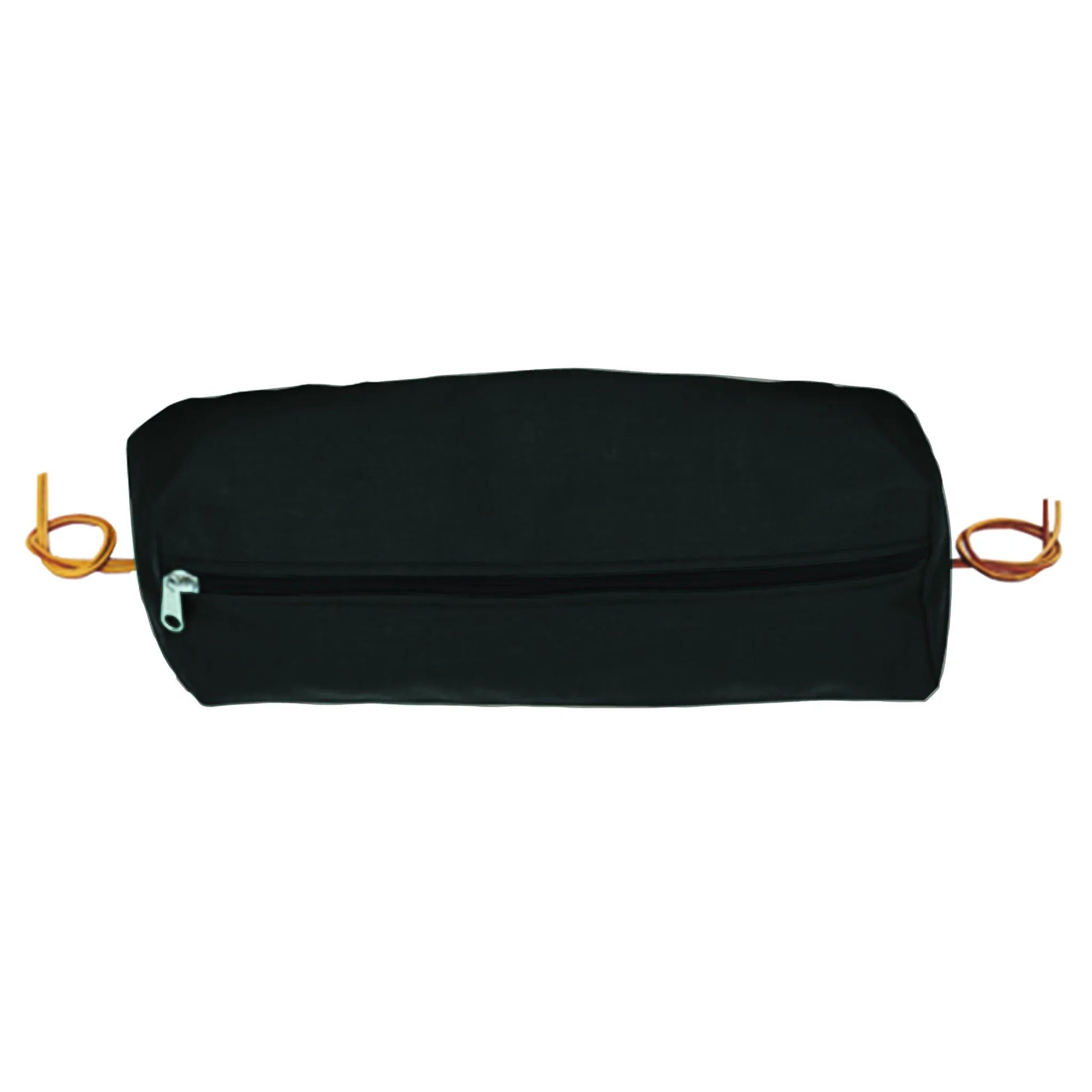 Weaver Leather Nylon Cantle Bag in sleek black, a must-have trail riding accessory. This durable nylon saddle bag features a full-length horizontal zipper and tan leather tie strings on each side for easy attachment to your saddle's cantle. Perfect for securely storing snacks, tools, and essentials during long rides. A compact, weather-resistant storage solution for every equestrian adventurer.