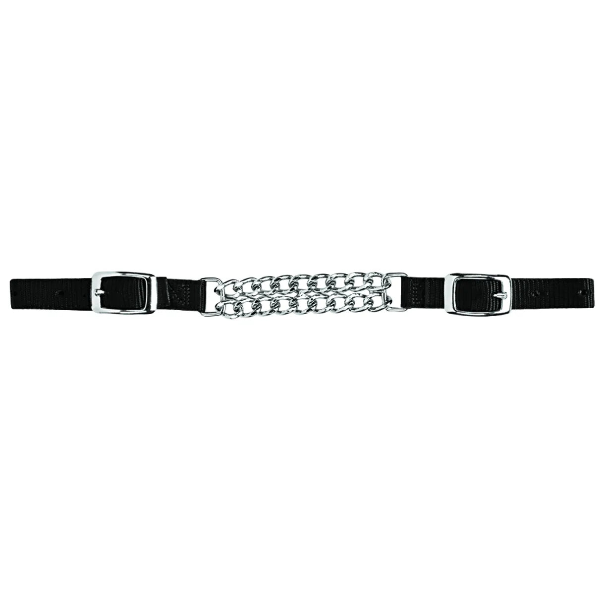 Weaver Leather black nylon curb strap featuring a central double flat link chrome chain. This high-quality equestrian accessory includes two adjustable silver-tone buckles for a secure fit and easy attachment to a bit. A durable and functional addition to any western horse tack collection, perfect for riders seeking quality and professional style.