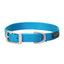 Weaver Leather Nylon Dog Collar in vibrant turquoise. This durable pet accessory features heavy-duty teal webbing, a matte silver buckle, and a matching Terrain D.O.G. engraved D-ring for secure leash attachment. Stylish and strong, it's the perfect adjustable collar for active dogs, outdoor adventures, and everyday walks.