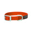 Vibrant orange Terrain D.O.G. by Weaver Leather nylon dog collar. This durable, high-visibility pet collar features heavy-duty silver-tone metal hardware, including a secure buckle and a D-ring engraved with the brand logo. A sleek black rubberized brand patch adds a professional finish. Perfect for hiking, hunting, and everyday outdoor adventures with your active pup.