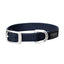 Navy blue Weaver Leather Terrain D.O.G. nylon dog collar featuring heavy-duty, double-ply webbing. This durable pet accessory includes a classic silver-tone buckle and a sturdy silver D-ring etched with the Terrain D.O.G. name for easy leash attachment. A stylish black rubber brand patch highlights its rugged quality, making it an ideal choice for active dogs on every outdoor adventure.