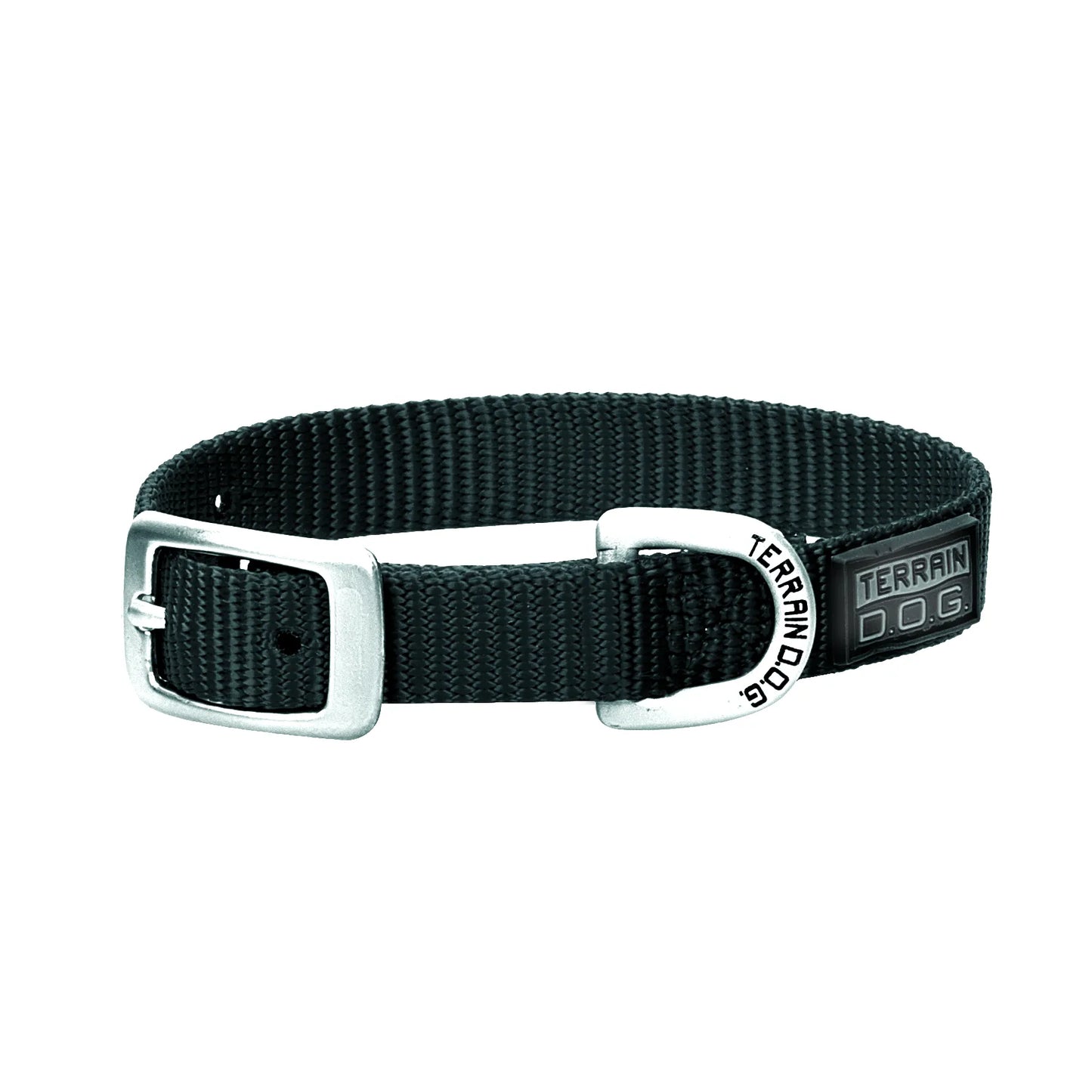 Black Weaver Leather nylon dog collar in classic black featuring a durable silver metal buckle and a custom Terrain D.O.G. engraved D-ring. This heavy-duty, woven webbing dog accessory is perfect for active dogs and outdoor adventures, combining style with long-lasting strength for daily walks and training.