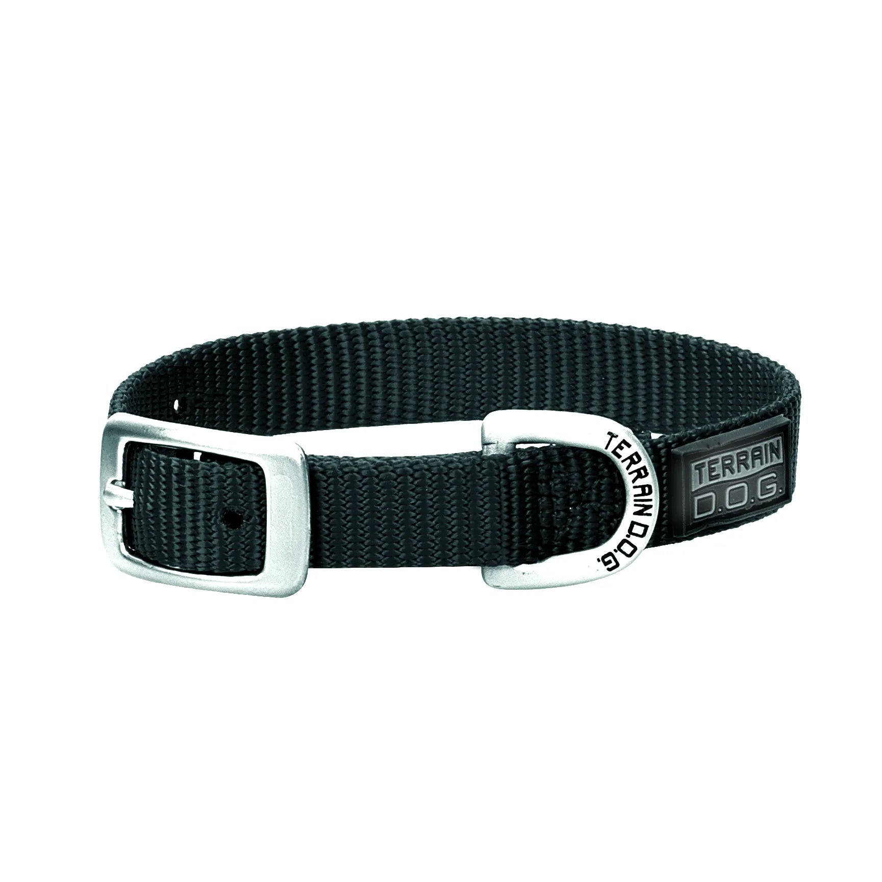 Black Weaver Leather nylon dog collar in classic black featuring a durable silver metal buckle and a custom Terrain D.O.G. engraved D-ring. This heavy-duty, woven webbing dog accessory is perfect for active dogs and outdoor adventures, combining style with long-lasting strength for daily walks and training.