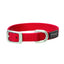 Vibrant red Weaver Leather Terrain D.O.G. nylon dog collar featuring a durable silver metal buckle and an engraved D-ring. This heavy-duty pet accessory is built with high-quality webbing and a sleek black rubberized logo patch. Designed for both style and performance, it’s an adjustable, long-lasting collar perfect for active dogs on every outdoor adventure.