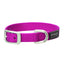 Vibrant fuchsia pink Weaver Leather Terrain D.O.G. nylon dog collar featuring durable, heavy-duty webbing and high-quality matte silver metal hardware. Includes a secure roller buckle, an engraved D-ring for leashes, and a stylish black rubber logo patch. This adjustable, high-visibility dog collar is perfect for active pets and outdoor adventures, offering a mix of rugged durability and bold style for your pup.