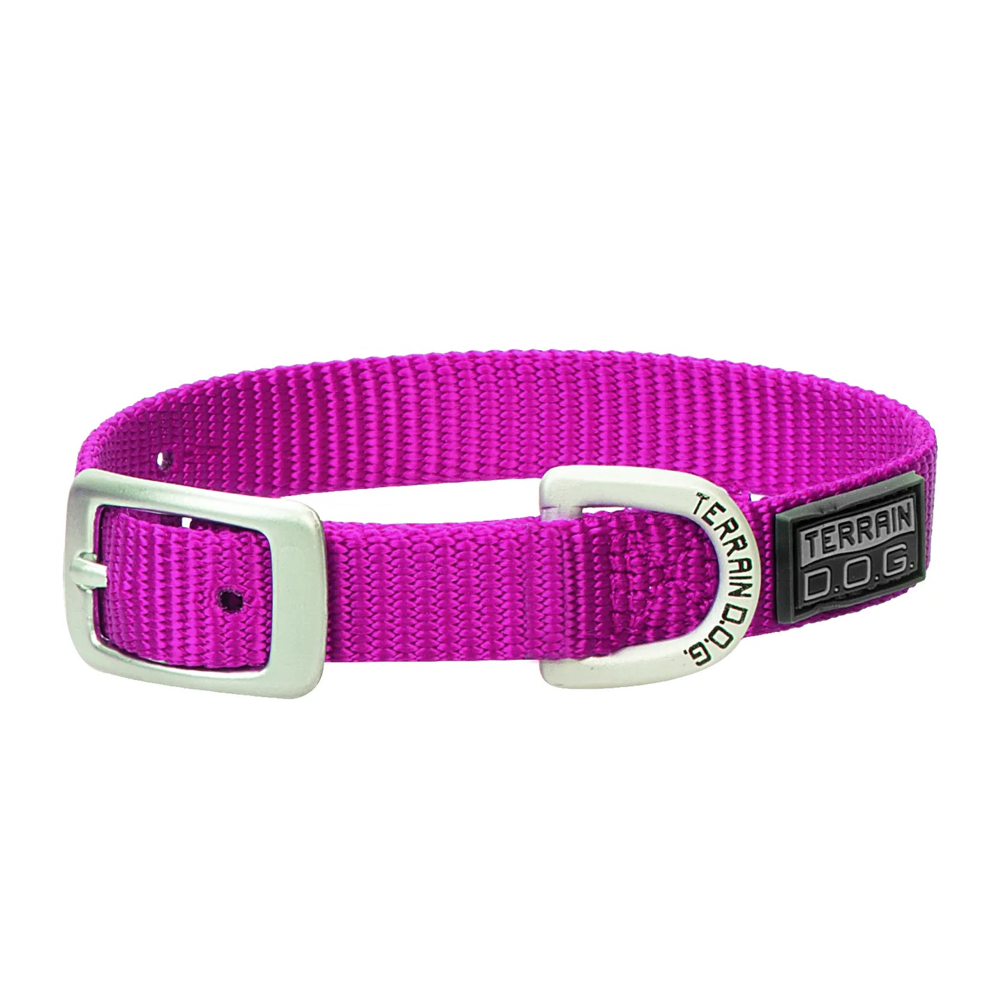 Vibrant fuchsia pink Weaver Leather Terrain D.O.G. nylon dog collar featuring durable, heavy-duty webbing and high-quality matte silver metal hardware. Includes a secure roller buckle, an engraved D-ring for leashes, and a stylish black rubber logo patch. This adjustable, high-visibility dog collar is perfect for active pets and outdoor adventures, offering a mix of rugged durability and bold style for your pup.